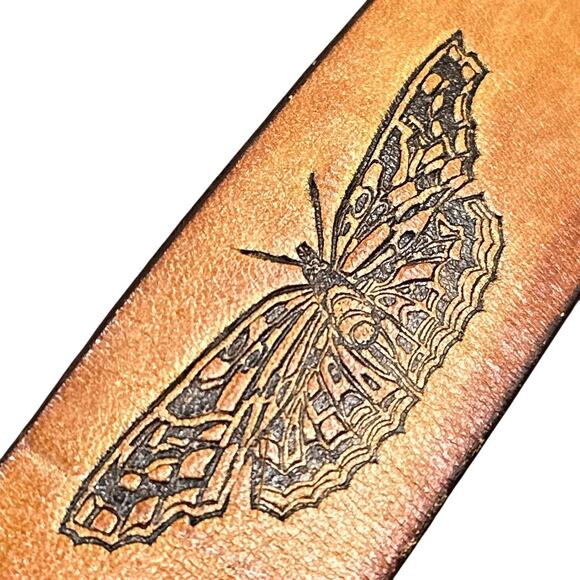 VTG Latitan Leather Belt 26 Brown Hand Tooled Stained Butterfly Bras Buckle Boho - Picture 3 of 14